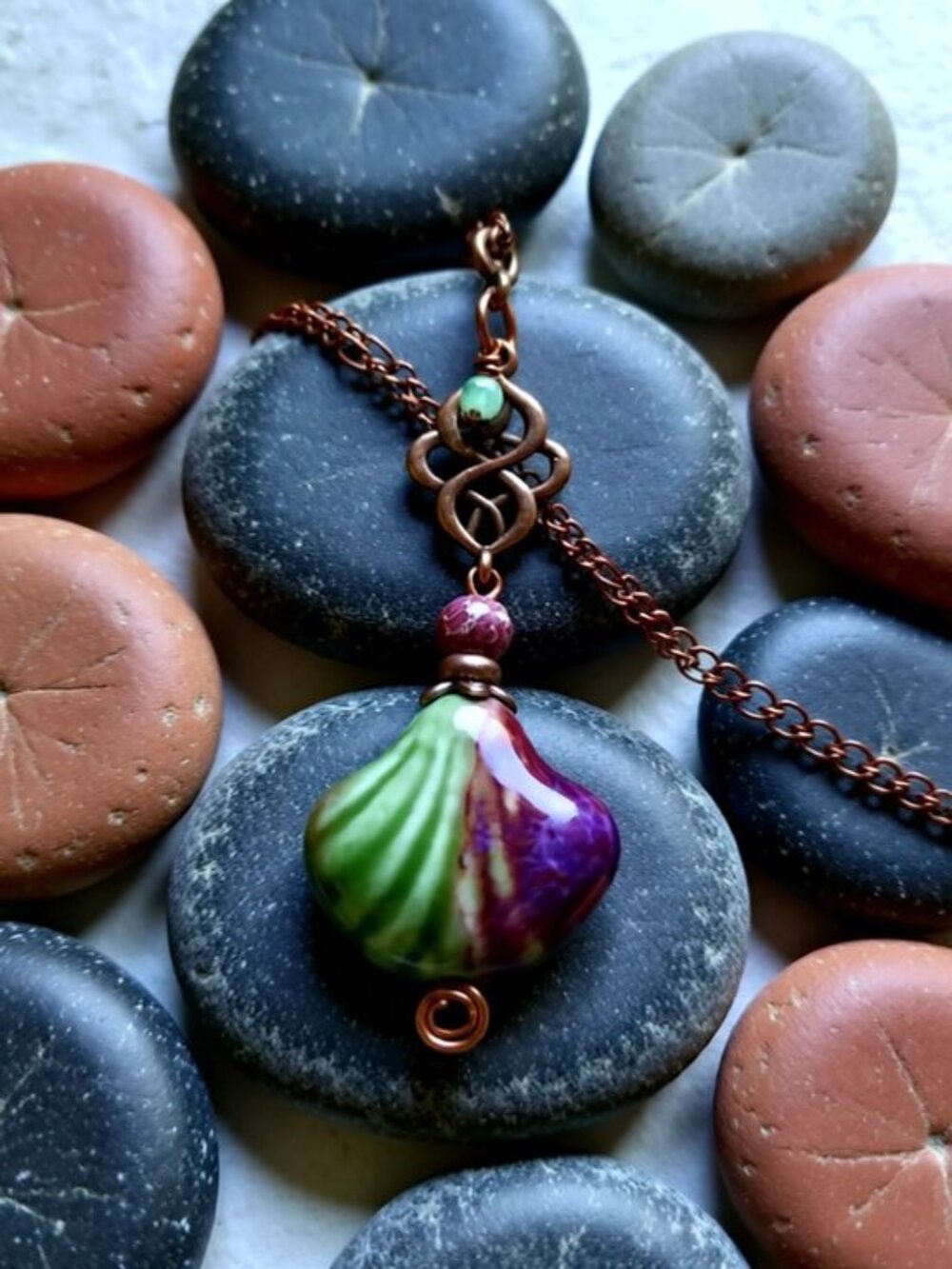 Large Ceramic Glazed Shell Pendant Necklace 22" - Boho & Gypsy Vibes